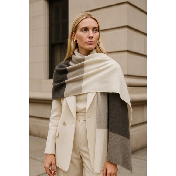 Quince 100% Cashmere Colorblock Scarf Wrap Shawl Soft Luxury Brown Gray White - Picture 9 of 10